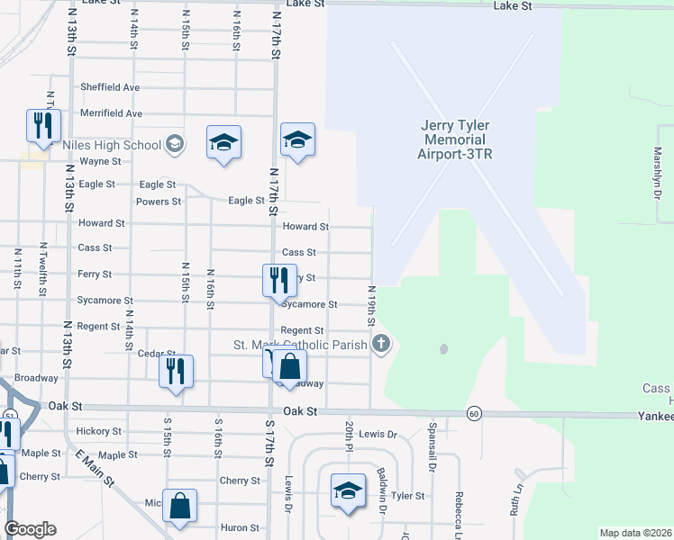 map of restaurants, bars, coffee shops, grocery stores, and more near 1738 Cass Street in Niles