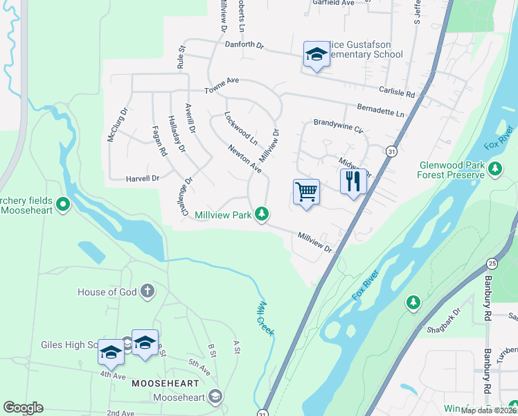 map of restaurants, bars, coffee shops, grocery stores, and more near 1460 Millview Drive in Batavia
