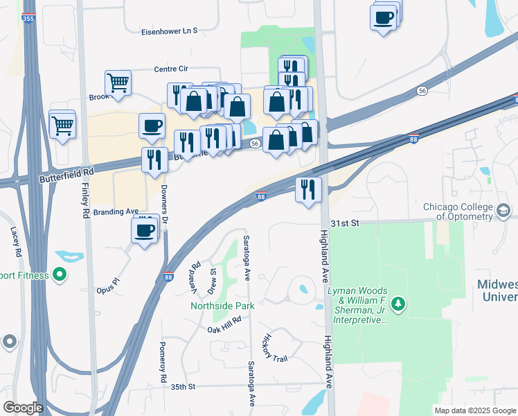 map of restaurants, bars, coffee shops, grocery stores, and more near 1100 31st Street in Downers Grove