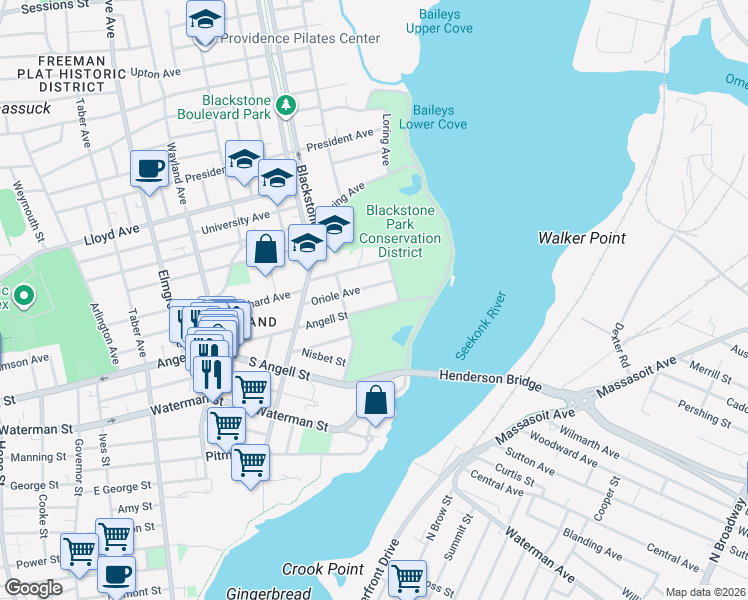 map of restaurants, bars, coffee shops, grocery stores, and more near 8 Parkside Road in Providence