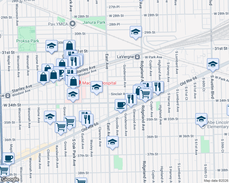 map of restaurants, bars, coffee shops, grocery stores, and more near 6540 33rd Street in Berwyn