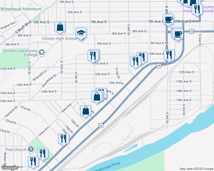 map of restaurants, bars, coffee shops, grocery stores, and more near 716 13th Avenue South in Clinton