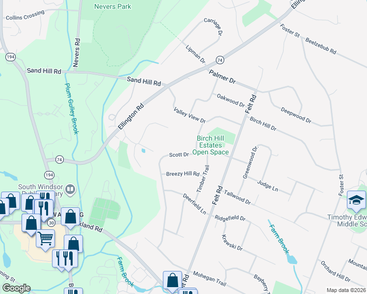 map of restaurants, bars, coffee shops, grocery stores, and more near 101 Windy Hill Drive in South Windsor