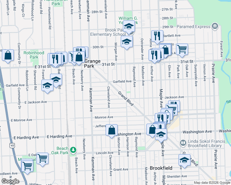 map of restaurants, bars, coffee shops, grocery stores, and more near 3222 Grand Boulevard in Brookfield