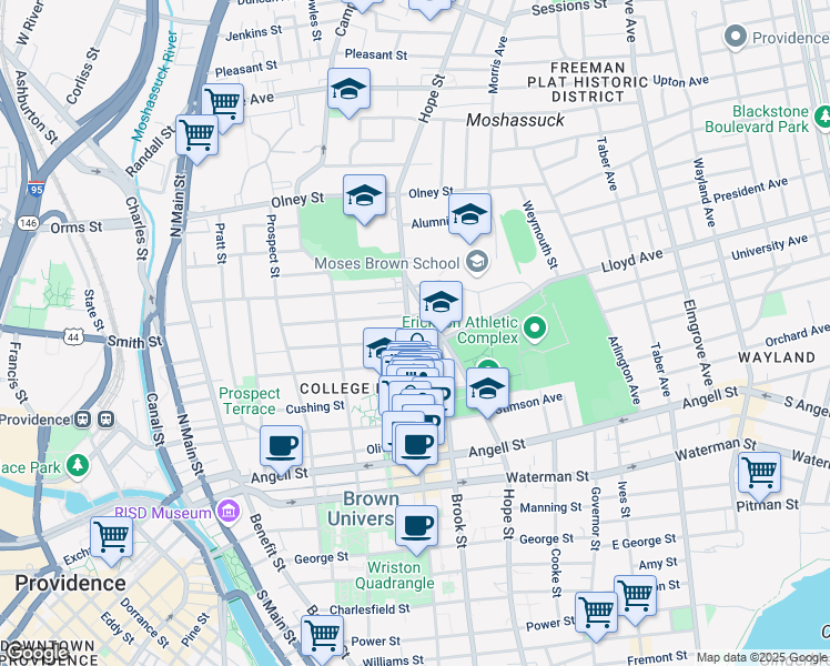 map of restaurants, bars, coffee shops, grocery stores, and more near 343 Thayer Street in Providence