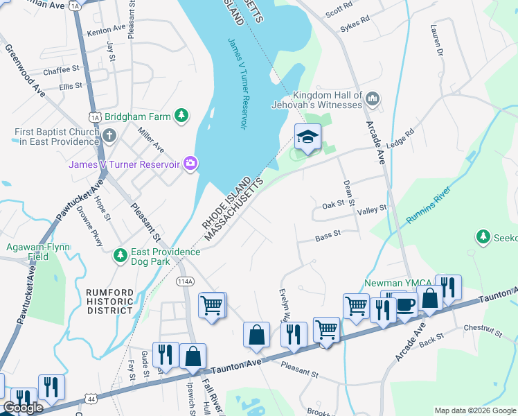 map of restaurants, bars, coffee shops, grocery stores, and more near 119 Ledge Road in Seekonk