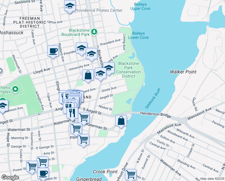 map of restaurants, bars, coffee shops, grocery stores, and more near 47 Oriole Avenue in Providence