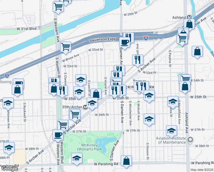 map of restaurants, bars, coffee shops, grocery stores, and more near 3417 South Hamilton Avenue in Chicago
