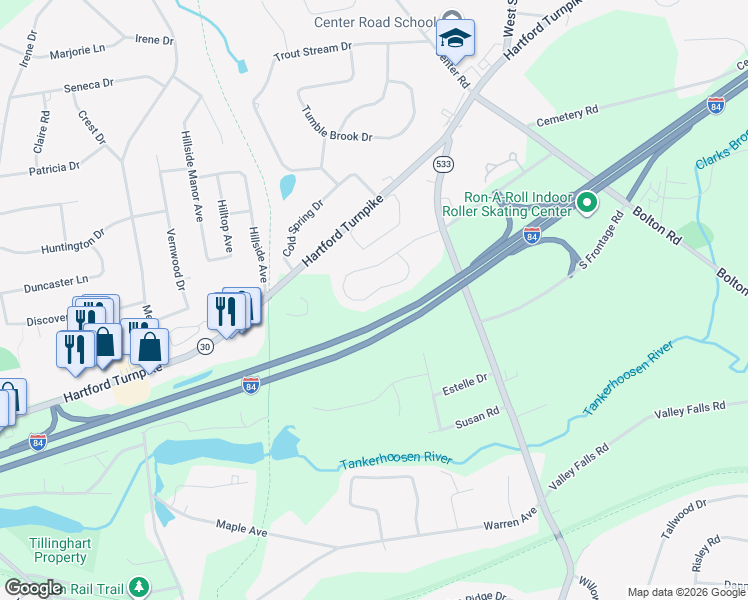 map of restaurants, bars, coffee shops, grocery stores, and more near 33 Elizabeth Lane in Vernon