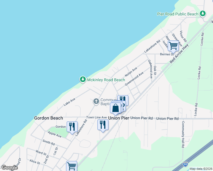 map of restaurants, bars, coffee shops, grocery stores, and more near 15852 Lakeshore Road in Union Pier