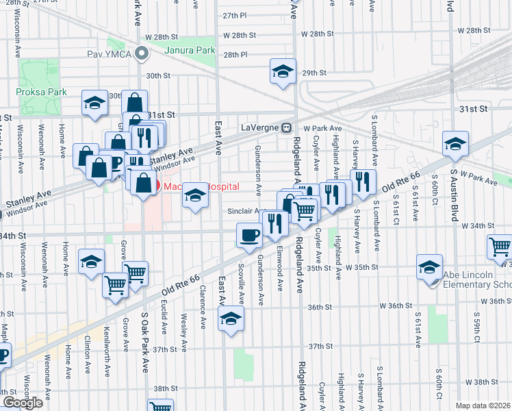 map of restaurants, bars, coffee shops, grocery stores, and more near 6512 33rd Street in Berwyn