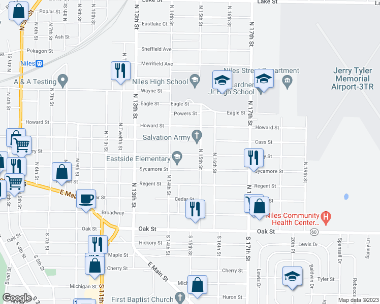 map of restaurants, bars, coffee shops, grocery stores, and more near 1441 Ferry Street in Niles