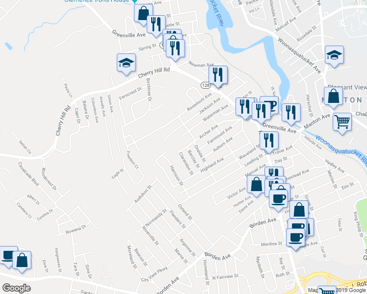 map of restaurants, bars, coffee shops, grocery stores, and more near 65 Archer Avenue in Johnston