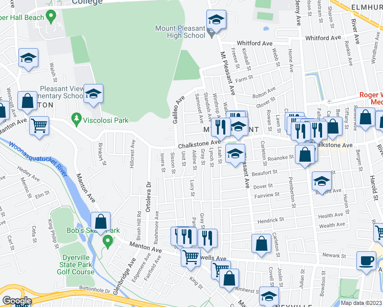 map of restaurants, bars, coffee shops, grocery stores, and more near 62 Aldine Street in Providence
