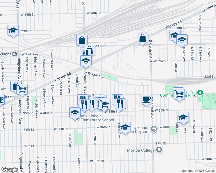 map of restaurants, bars, coffee shops, grocery stores, and more near 3266 South 58th Court in Cicero