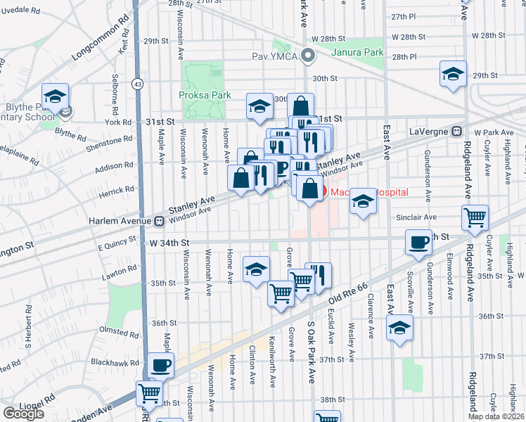 map of restaurants, bars, coffee shops, grocery stores, and more near 3307 Kenilworth Avenue in Berwyn