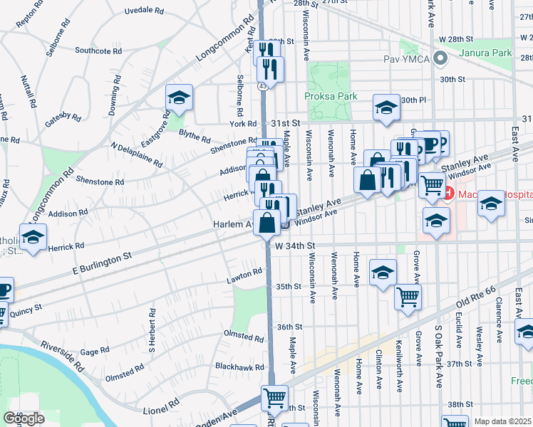 map of restaurants, bars, coffee shops, grocery stores, and more near S Harlem Ave & Burlington St in Riverside