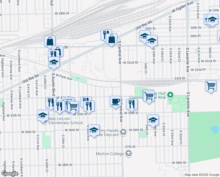 map of restaurants, bars, coffee shops, grocery stores, and more near 5636 West Park Avenue in Cicero