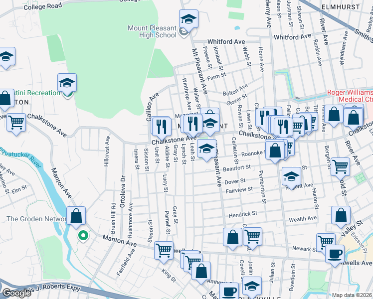 map of restaurants, bars, coffee shops, grocery stores, and more near 244 Lynch Street in Providence