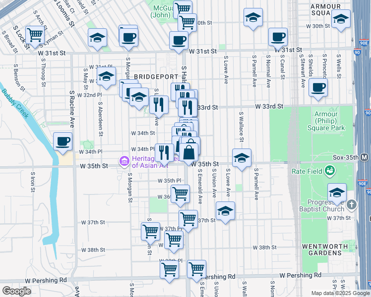 map of restaurants, bars, coffee shops, grocery stores, and more near South Halsted Street in Chicago