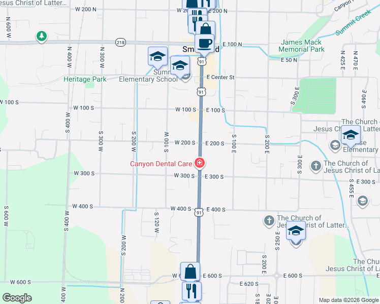 map of restaurants, bars, coffee shops, grocery stores, and more near 54 West 200 South in Smithfield
