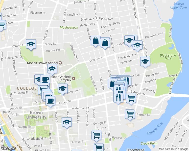 map of restaurants, bars, coffee shops, grocery stores, and more near 61 Arlington Avenue in Providence