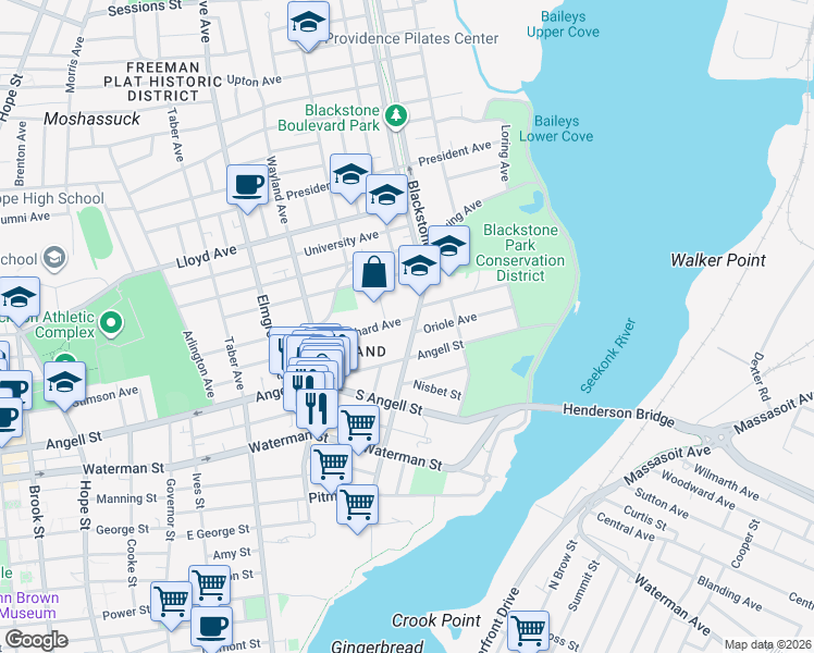map of restaurants, bars, coffee shops, grocery stores, and more near 68 Orchard Avenue in Providence