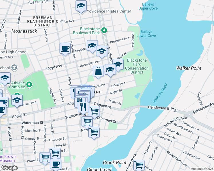 map of restaurants, bars, coffee shops, grocery stores, and more near 75 Orchard Avenue in Providence