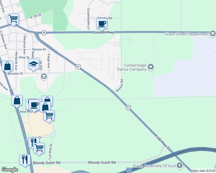 map of restaurants, bars, coffee shops, grocery stores, and more near 1417 Chicago Avenue in Dixon