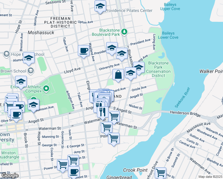 map of restaurants, bars, coffee shops, grocery stores, and more near 30 Orchard Avenue in Providence