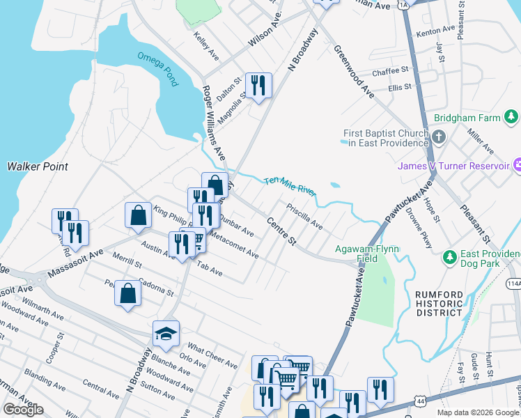 map of restaurants, bars, coffee shops, grocery stores, and more near 18 Carrie Avenue in East Providence