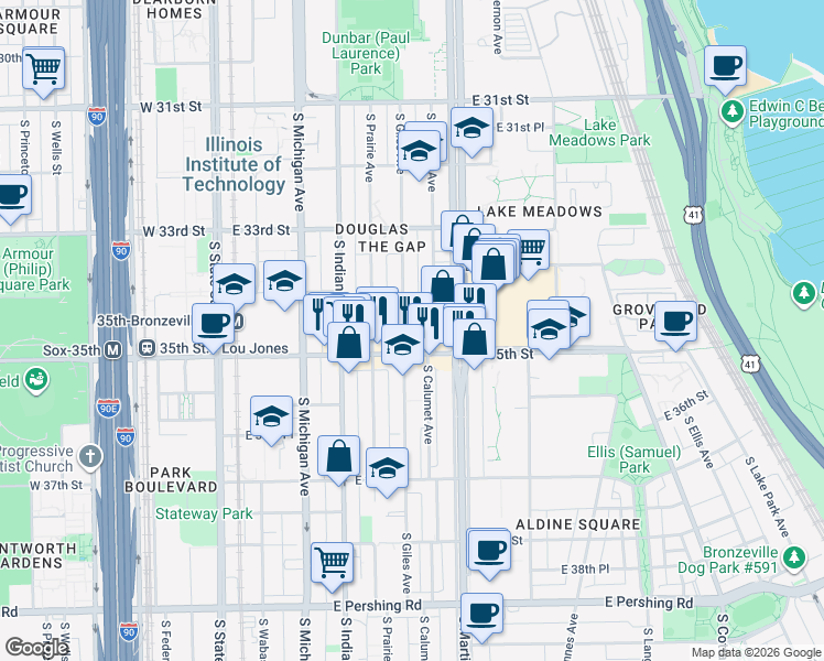 map of restaurants, bars, coffee shops, grocery stores, and more near 3430 South Giles Avenue in Chicago