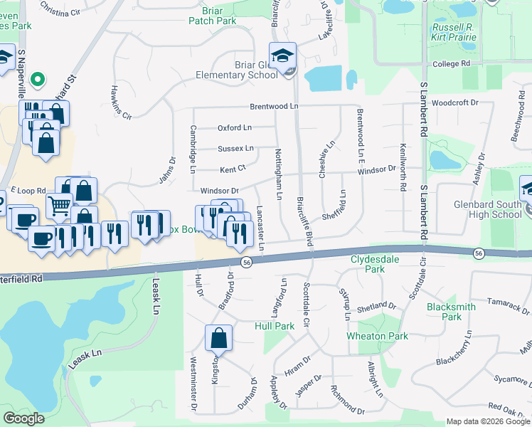 map of restaurants, bars, coffee shops, grocery stores, and more near 1993 Lancaster Lane in Wheaton