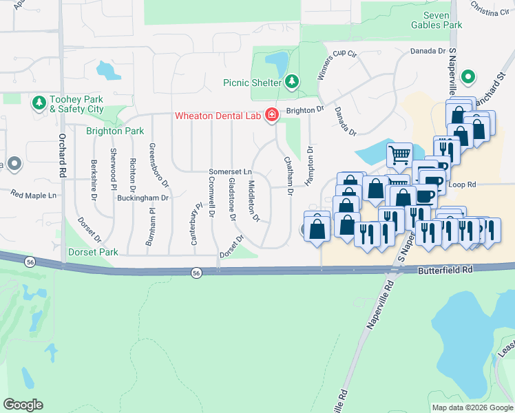 map of restaurants, bars, coffee shops, grocery stores, and more near 2032 Middleton Drive in Wheaton