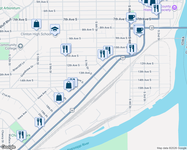 map of restaurants, bars, coffee shops, grocery stores, and more near 1200 Lincoln Highway in Clinton