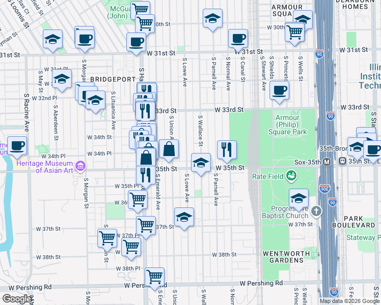 map of restaurants, bars, coffee shops, grocery stores, and more near 3419 South Lowe Avenue in Chicago