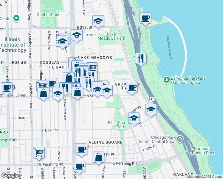 map of restaurants, bars, coffee shops, grocery stores, and more near 3440 South Cottage Grove Avenue in Chicago