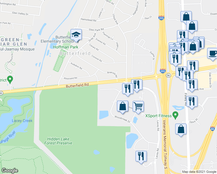 map of restaurants, bars, coffee shops, grocery stores, and more near 2211 Butterfield Road in Downers Grove