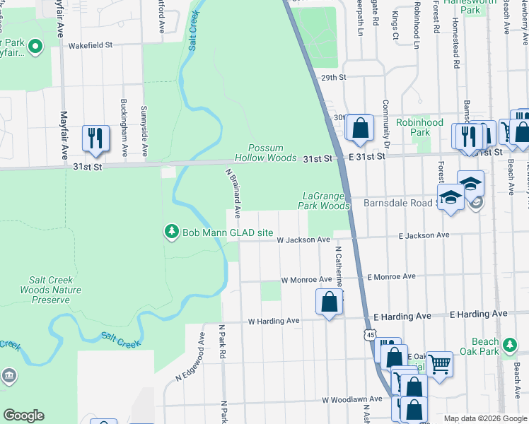 map of restaurants, bars, coffee shops, grocery stores, and more near 929 North Stone Avenue in La Grange Park