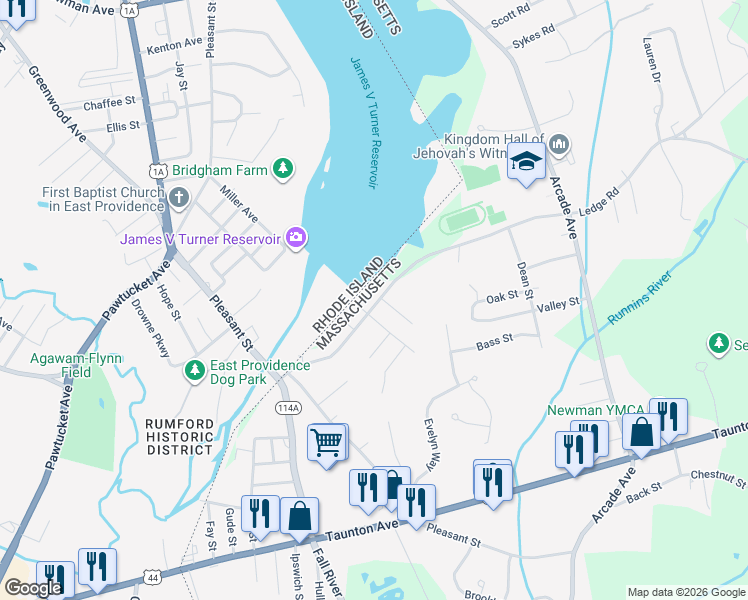map of restaurants, bars, coffee shops, grocery stores, and more near 119 Ledge Road in Seekonk