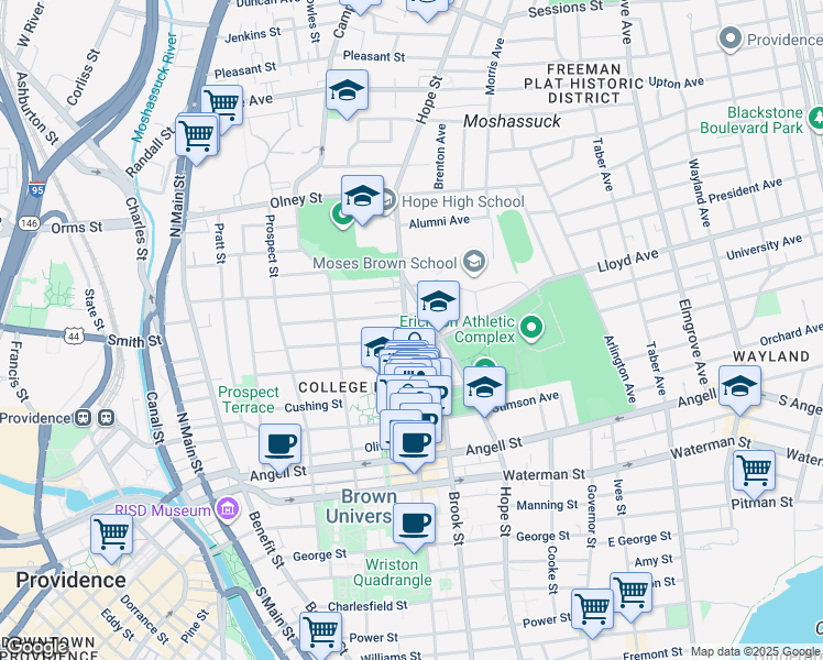 map of restaurants, bars, coffee shops, grocery stores, and more near 101 Keene Street in Providence