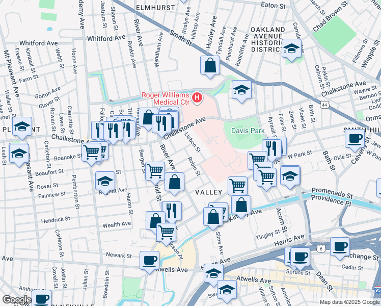 map of restaurants, bars, coffee shops, grocery stores, and more near 81 Robin Street in Providence