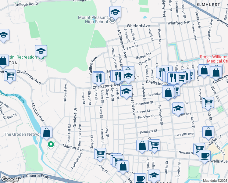 map of restaurants, bars, coffee shops, grocery stores, and more near 244 Lynch Street in Providence