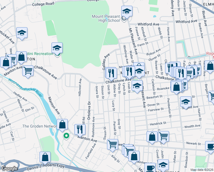 map of restaurants, bars, coffee shops, grocery stores, and more near 1390 Chalkstone Avenue in Providence
