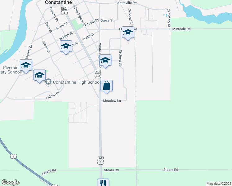 map of restaurants, bars, coffee shops, grocery stores, and more near 200 Meadow Lane in Constantine