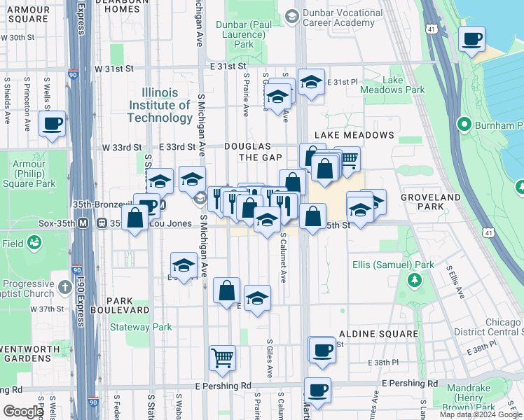 map of restaurants, bars, coffee shops, grocery stores, and more near 3430 South Giles Avenue in Chicago