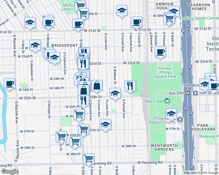map of restaurants, bars, coffee shops, grocery stores, and more near 3419 South Lowe Avenue in Chicago