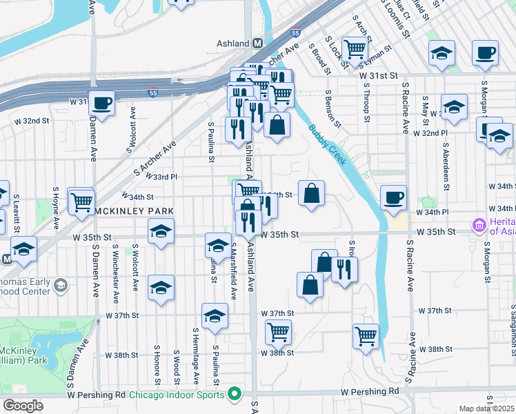 map of restaurants, bars, coffee shops, grocery stores, and more near 3420 South Justine Street in Chicago