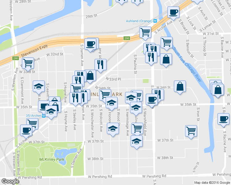 map of restaurants, bars, coffee shops, grocery stores, and more near 3410 South Wood Street in Chicago