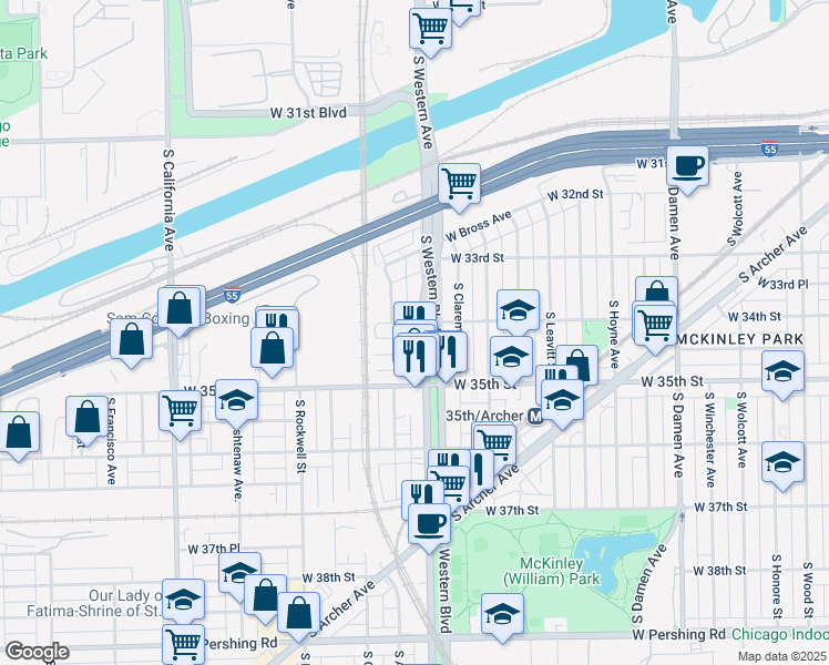 map of restaurants, bars, coffee shops, grocery stores, and more near 3400 South Western Avenue in Chicago